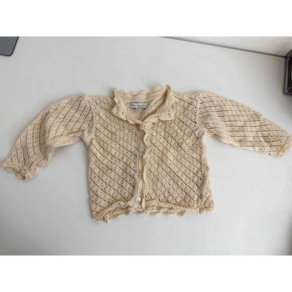 Bebe Organic Cream Pointelle Knit Cardigan Sweater Peter Pan Collar 9M
